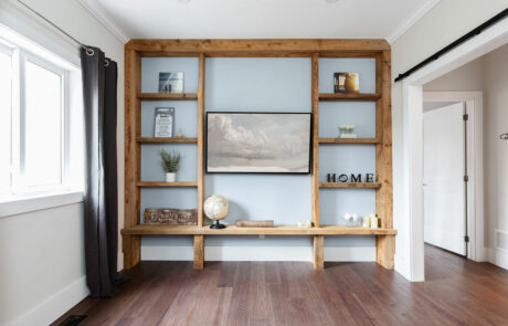 Muskoka Custom Built timber framed entertainment / decor hub in living room